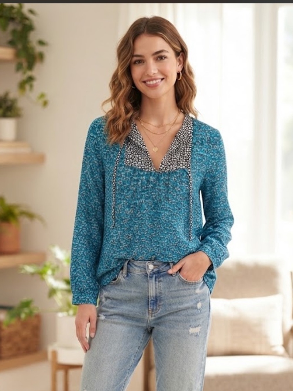 J. Crew Blue Floral Mixed-Print Tie-Neck Blouse
